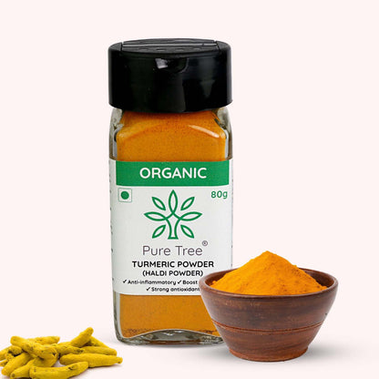 Pure Tree Certified Organic Haldi Powder | 80 g | Glass Jar | Turmeric Powder | Spice Masala Powder Raw for Milk | Strong Antioxidant