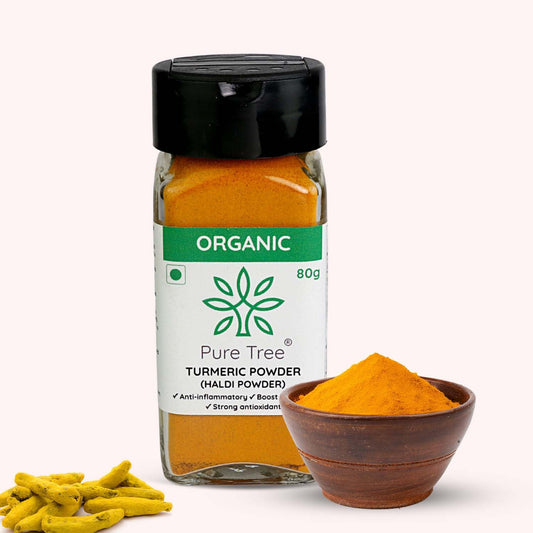 Pure Tree Certified Organic Haldi Powder | 80 g | Glass Jar | Turmeric Powder | Spice Masala Powder Raw for Milk | Strong Antioxidant