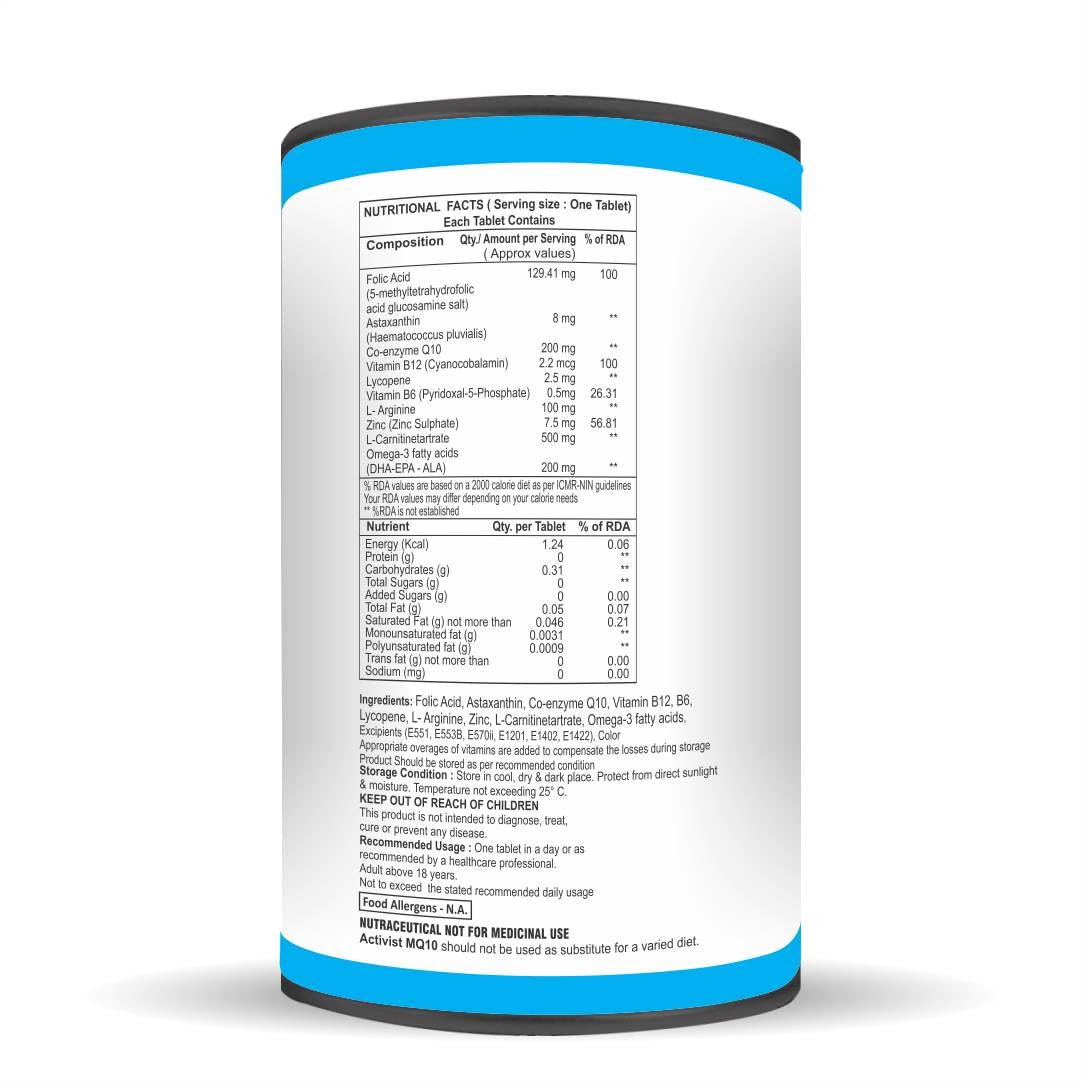 Activist- M Co enzyme Q10 L arginine Lycopene with L carnitine Astaxanthin Tablet | Nutritional Dietary Supplement | Multivitamin- 60 Tablets