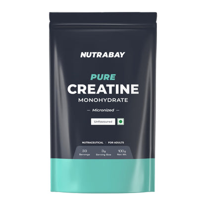 Nutrabay Pure Micronised Creatine Monohydrate Powder 3000 mg/Serving – Pre/Post Workout Supplement for Muscle Gain & Recovery |33 Servings – 100g, Unflavoured | Trustified Certified | 100% Authentic