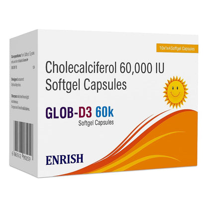 GLOB D3 60K Cholecalciferol Vitamin D3 60000 IU Softgel Capsules Once Weekly Use Pack of 5