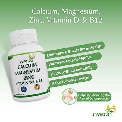 Nveda Calcium Supplement 1,000 mg with Vitamin D, Magnesium, Zinc & Vitamin B 12 For Men & Women/For Immunity, Bone & Joint Support - 60 Tablets