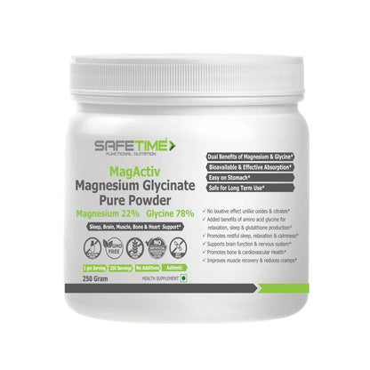 Safetime MagActiv MAGNESIUM GLYCINATE PURE POWDER 250 GRAM, 22% Magnesium 78% Glycine, Heart, Sleep, Bone,Metabolism, Migraine, Relaxation, Stress Support (250 gram) (Pack of 1)