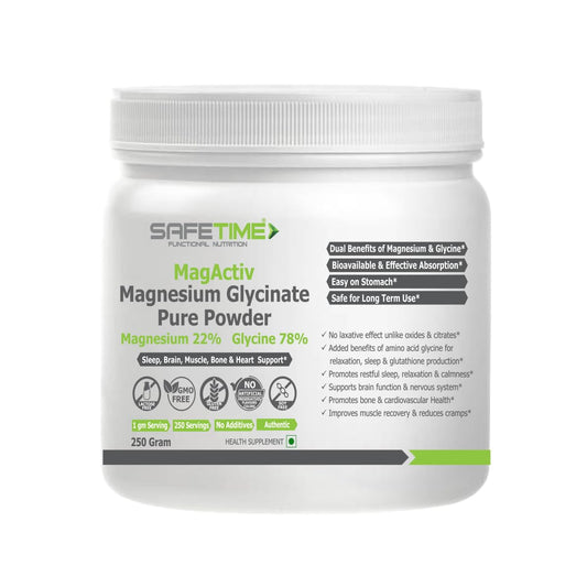 Safetime MagActiv MAGNESIUM GLYCINATE PURE POWDER 250 GRAM, 22% Magnesium 78% Glycine, Heart, Sleep, Bone,Metabolism, Migraine, Relaxation, Stress Support (250 gram) (Pack of 1)
