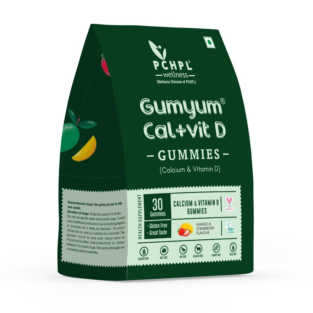 PCHPL Wellness Gumyum Calcium & Vitamin D Gummies | Supports Strong Bones, Joint Health, Teeth & Immunity | Vegan Supplement for Kids, Women, Men | Mango & Strawberry Flavoured 30 Gummy