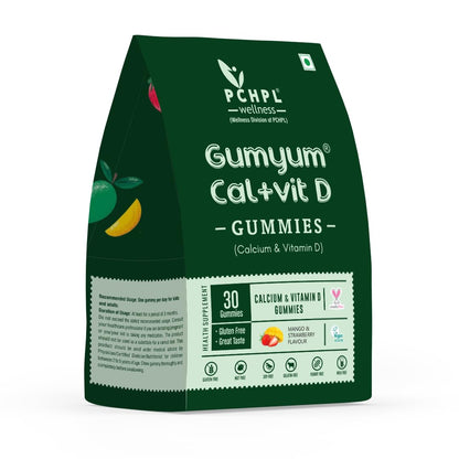 PCHPL Wellness Gumyum Calcium & Vitamin D Gummies | Supports Strong Bones, Joint Health, Teeth & Immunity | Vegan Supplement for Kids, Women, Men | Mango & Strawberry Flavoured 30 Gummy