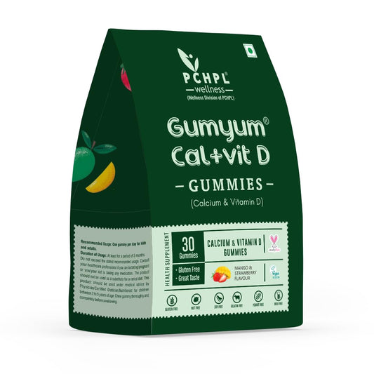 PCHPL Wellness Gumyum Calcium & Vitamin D Gummies | Supports Strong Bones, Joint Health, Teeth & Immunity | Vegan Supplement for Kids, Women, Men | Mango & Strawberry Flavoured 30 Gummy