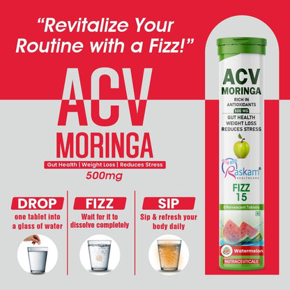 ACV + Moringa 500mg Effervescent Tablets – Watermelon, 15 Tablets, No Added Sugar
