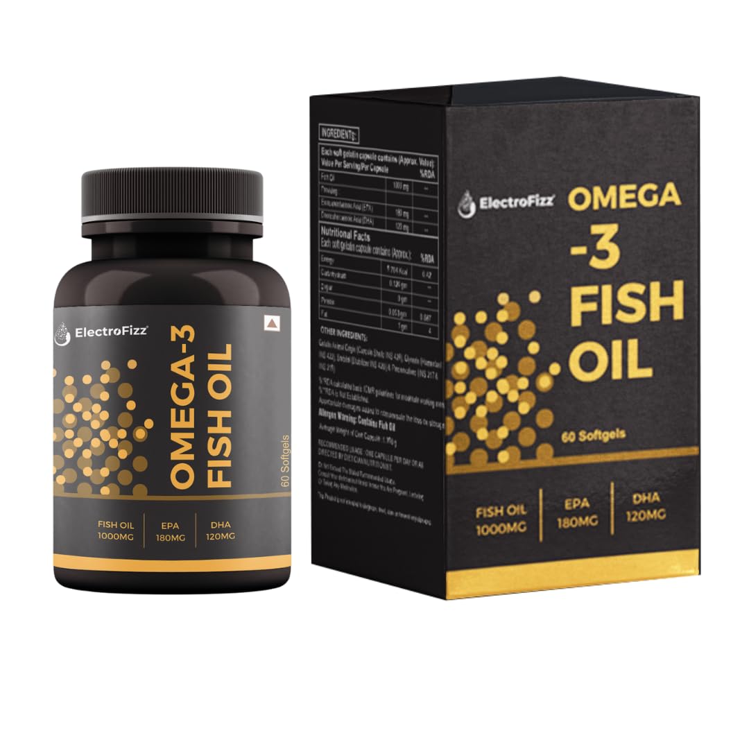 ElectroFizz Omega 3 Fish Oil Capsules For Men And Women 1000 Mg (180 Mg EPA And 120 Mg DHA) with other Omega 3 Fatty Acids for Health Heart, Brain and Joint Support Supplements - 60 Softgels