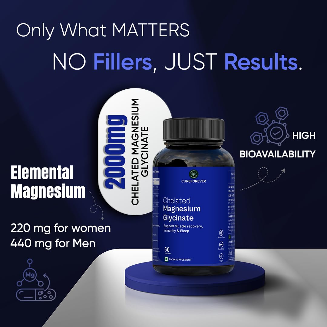 CUREFOREVER Magnesium Glycinate Supplement, Chelated Magnesium Bisglycinate Tablets for Muscle Recovery, Sleep Support & Digestion, Elemental Magnesiums 220mg/440mg – 60 Tablets