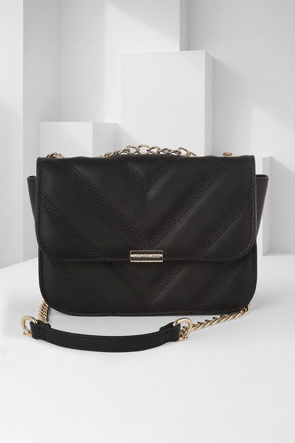 Van Heusen womens Sling Bag with textured single color chain (Black)