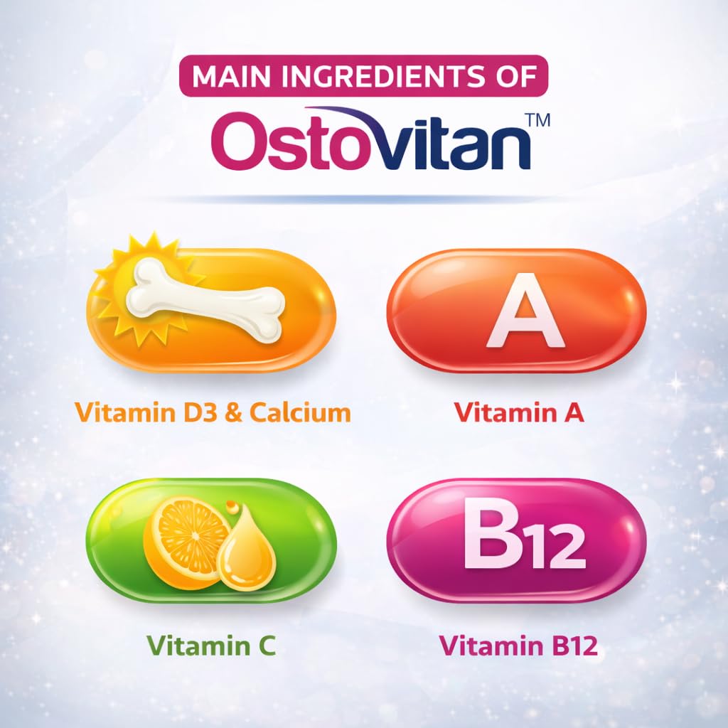 Ostovitan Calcium Carbonate & Multivitamin Suspension 200ml | With Vitamin D3, B12, A, C & E | Bone Health & Immunity Support | Health Supplement for Men & Women