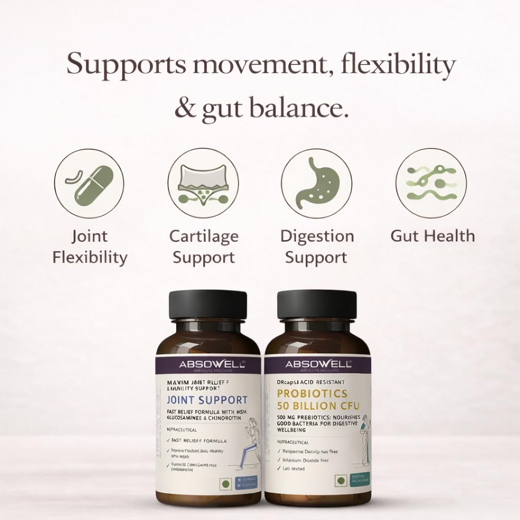 Absowell Joint Support & Probiotics Combo – Glucosamine, Chondroitin, MSM + 50 Billion CFU Probiotic