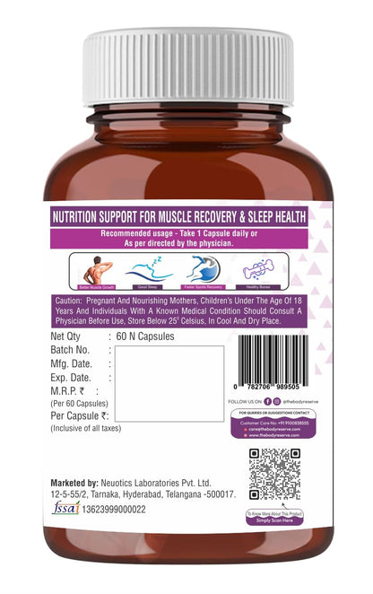 The Body Reserve Magnesium Glycinate Supplement - 60 Vegetable Capsules, 550mg Per Serving, High Absorption Chelated Form - Supports Muscle & Nerve Health, Relaxation for Men & Women