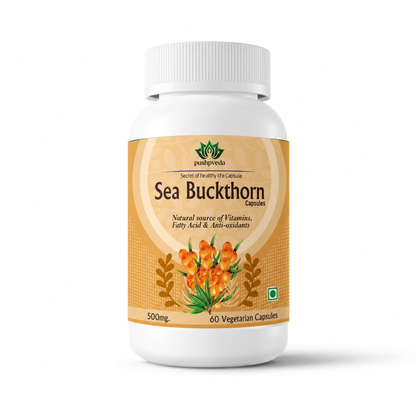 Pushpveda Sea Buckthorn Extract Capsules 500mg | Himalayan Seabuckthorn with Omega 3, 6, 7 & 9 | Natural Antioxidant Supplement for Skin, Immunity & Daily Wellness | Veg Capsules | 60 Capsules