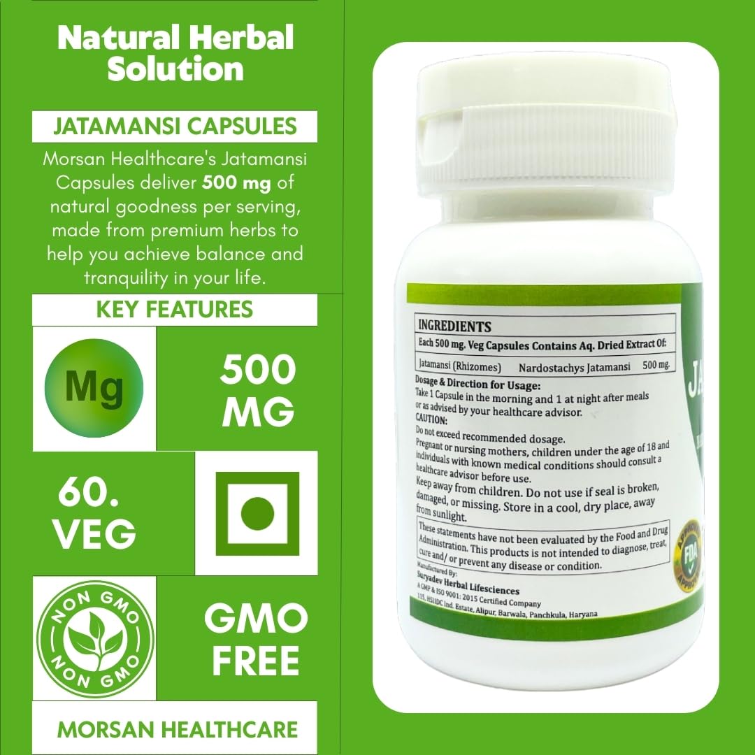 MORSAN HEALTHCARE | Jatamansi Capsules 500mg – 60 Count | Vegetarian | Plant-Based | Herbal Supplement | No Artificial Additives | Gluten-Free | Organic (pack of 1)