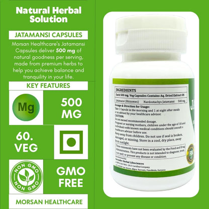 MORSAN HEALTHCARE | Jatamansi Capsules 500mg – 60 Count | Vegetarian | Plant-Based | Herbal Supplement | No Artificial Additives | Gluten-Free | Organic (pack of 1)
