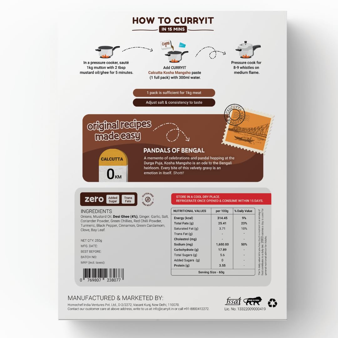 CURRYiT Calcutta Kosha Mangsho Curry Paste 250g | Ready to Cook in 15 mins | Serves 4-6 | Just add Fresh Mutton, Meat, Fish | Goodness of Ghee | No Preservatives | Eat with Chawal Roti | Indian Masala Gravy