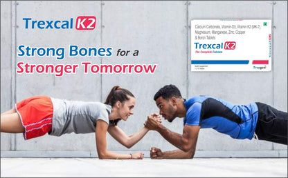 Trexgen TREXCAL-K2 The COMPLETE CALCIUM with Elemental Calcium 500 mg; Vitamin D3(Stabilized)400 IU; Vit. K2-7 55 mcg & BONE MATRIX Minerals Magnesium; Boron; Zinc; Manganese & Copper(5x10=50 Tablets)