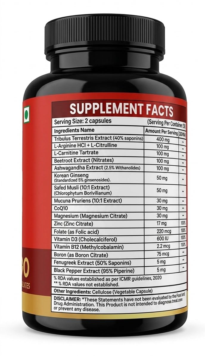 Nutriwin TestoMate Men’s Wellness Capsules with Tribulus, Mucuna, Safed Musli, Ashwagandha & Korean Ginseng | Herbal Daily Supplement for Active Lifestyle | 60 Capsules