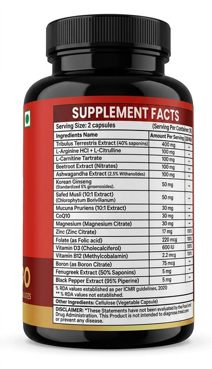 Nutriwin TestoMate Men’s Wellness Capsules with Tribulus, Mucuna, Safed Musli, Ashwagandha & Korean Ginseng | Herbal Daily Supplement for Active Lifestyle | 60 Capsules