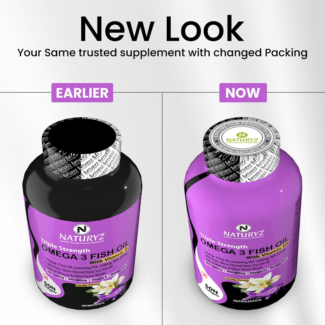Naturyz Vanilla Flavoured Triple Strength 2500mg Omega 3 Fish Oil with Vitamin D3|Highest Strength 2000 mg Omega 3 Per Serving (EPA 1200mg DHA 800mg) Deep Sea Fish Oil for Unisex-60 Capsules,100 grams
