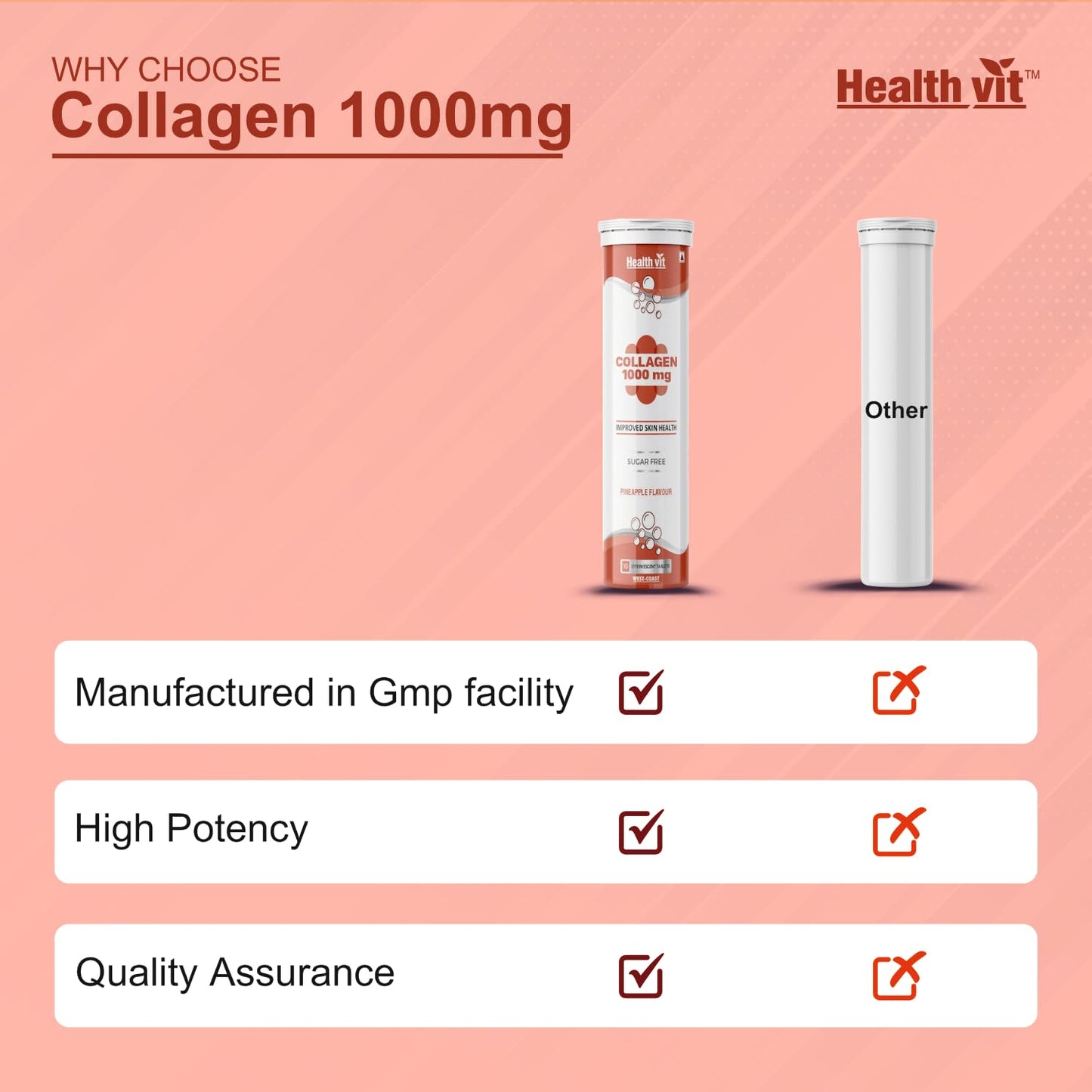 Healthvit Collagen 1000mg Collagen Peptides for Skin, Thick Hair, Stronger Nails and Joints - Sugar Free 10 Effervescent Tablets Pineapple Flavor