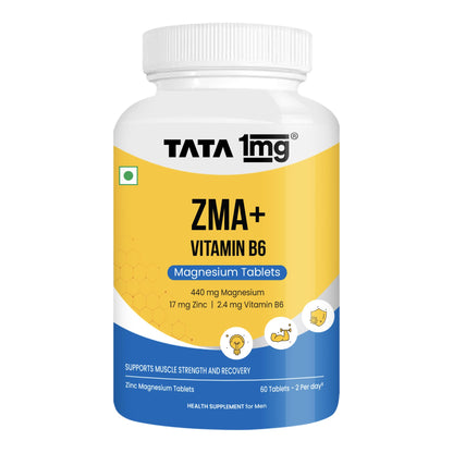 TATA 1MG ZMA+ Vitamin B6 Tablets| 100% RDA of Magnesium & Vitamin B6 | High Absorption Zinc Citrate for Muscle Recovery, Sleep & Strength | Reduces Cramps & Fatigue | 60 Tablet