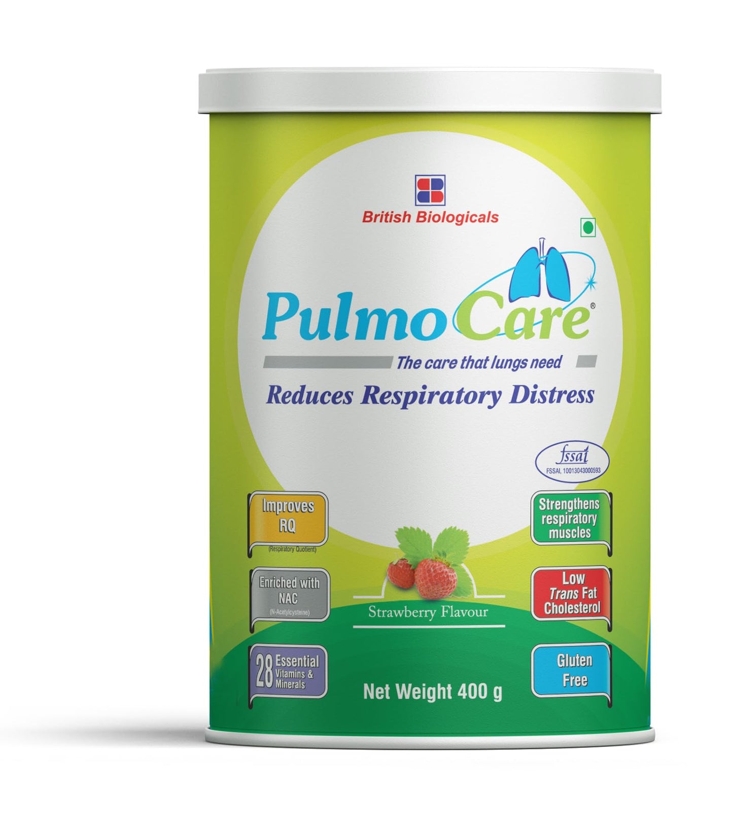 British Biologicals Pulmocare Powder-Strawberry Flavour|For Asthma, Copd, Pulmonary Tuberculosis|Gluten Free-400 G