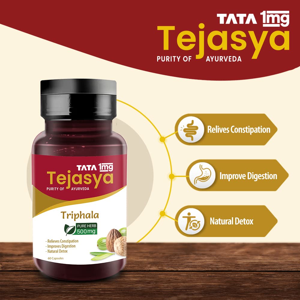Tata 1mg Tejasya Triphala Capsule Helps In Digestion, Relieve Constipation & Detoxification (Pack of 1, 500mg)