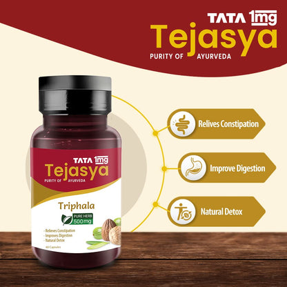 Tata 1mg Tejasya Triphala Capsule Helps In Digestion, Relieve Constipation & Detoxification (Pack of 1, 500mg)