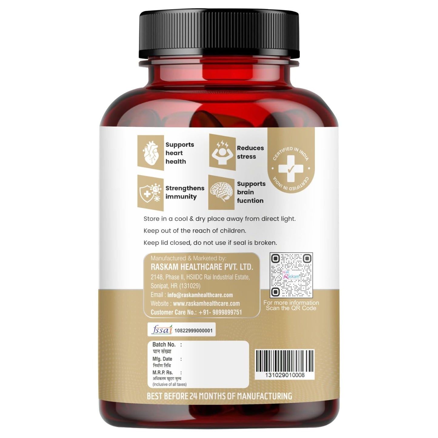 Raskam Ashwagandha 500 mg Capsules, 100 Veg. Capsules, Rejuvenates Body & Brain, Increases Energy, Strengthens Immune System, Reduces Stress & Anxiety