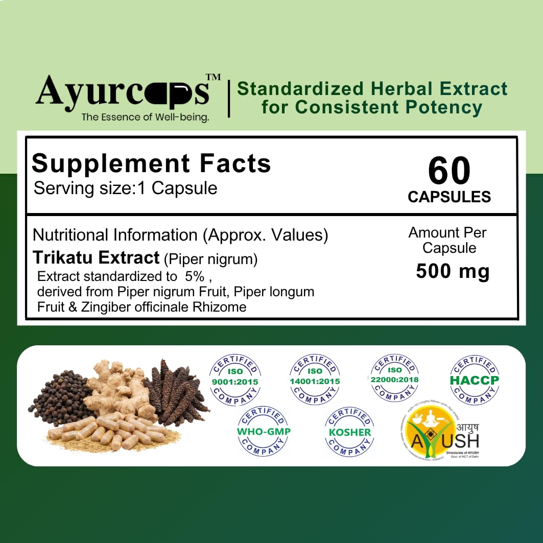 Trikatu Capsules For Men & Women | Ayurvedic Blend Of Black Pepper, Long Pepper & Ginger Extract | Piperine 5% Herbal Supplement For Digestion, Metabolism & Daily Wellness Support | 60 Capsules