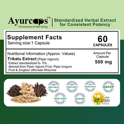Trikatu Capsules For Men & Women | Ayurvedic Blend Of Black Pepper, Long Pepper & Ginger Extract | Piperine 5% Herbal Supplement For Digestion, Metabolism & Daily Wellness Support | 60 Capsules