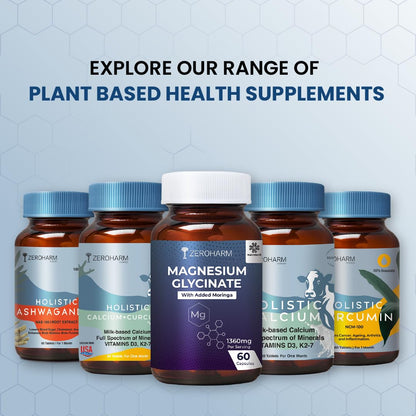 Magnesium Glycinate + Moringa Extract | 1360 mg Per Serving | Muscle, Sleep Support | Promotes Joint Mobility | No Additives, Preservatives for Men & Women | Nano Formulated 60 Capsules By ZEROHARM