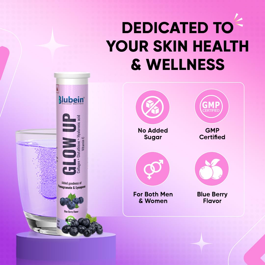 Blubein Glow Up - Radiant Skin Care Drink | 1000mg Marine Collagen with Glutathione & Vitamin C for Youthful Skin | Green Tea Extract – Blueberry Flavor for Men & Women