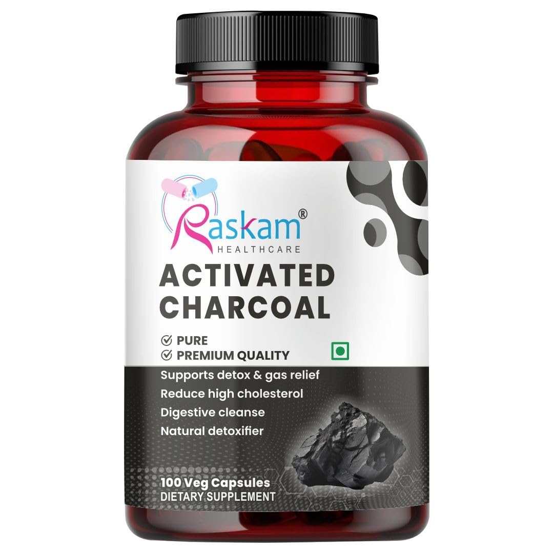Raskam Activated Charcoal | Helps in Digestion, Bloating, Liver & Kidney Detox | 100 Veg Capsules