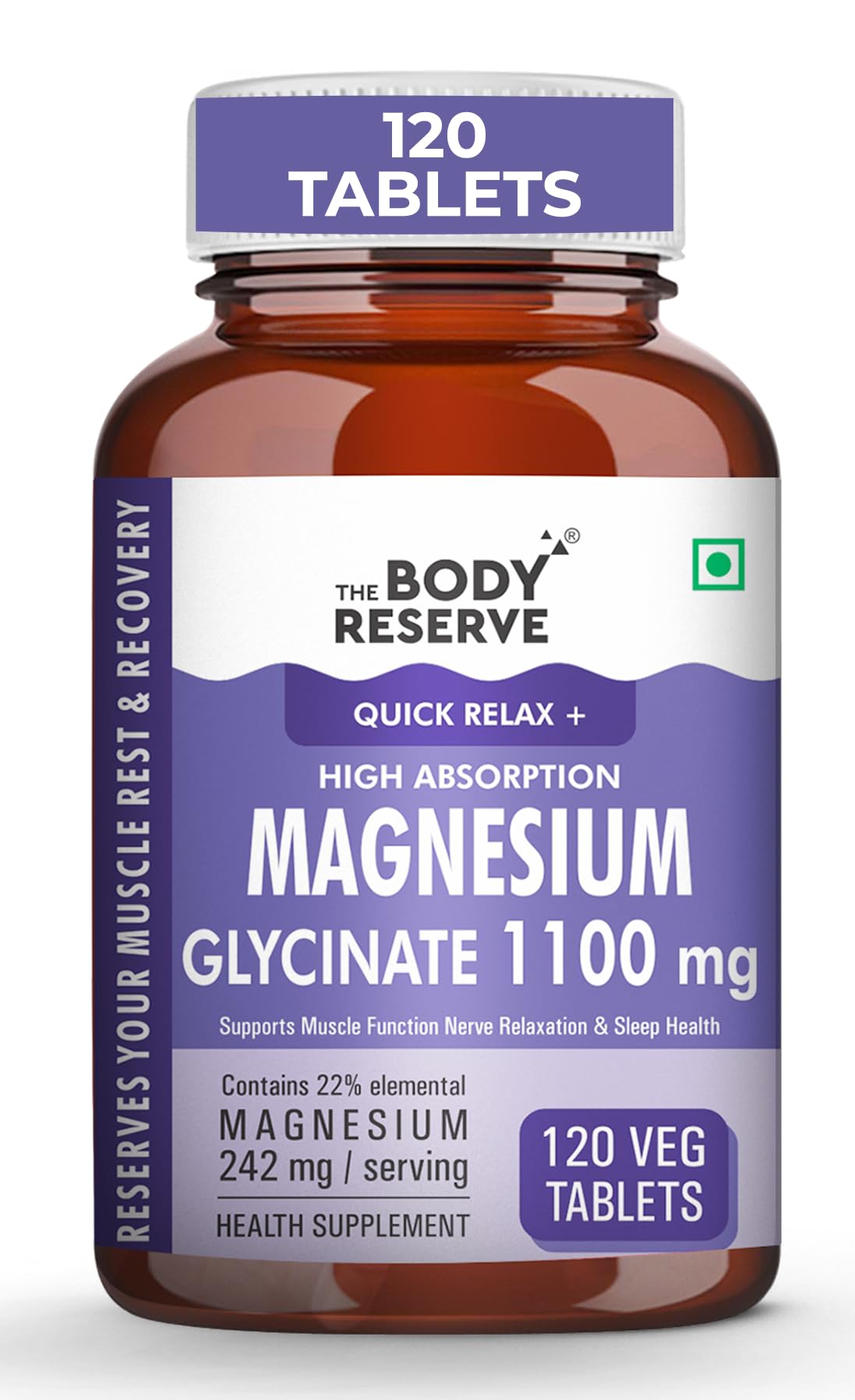 The Body Reserve Magnesium Glycinate Supplement - 120 Veg Tablets, 1100mg Per Serving, High Absorption Chelated Form - Muscle & Nerve Health, Relaxation for Men & Women