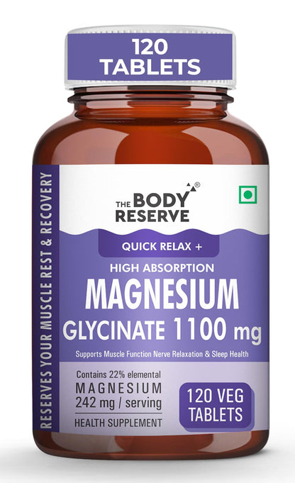 The Body Reserve Magnesium Glycinate Supplement - 120 Veg Tablets, 1100mg Per Serving, High Absorption Chelated Form - Muscle & Nerve Health, Relaxation for Men & Women