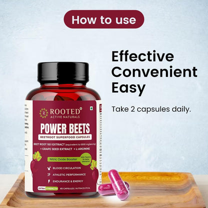 Rooted Active's PowerBeets - Beet Root Capsules, Helps Support Nitric Oxide Production, Blood Pressure, Heart Health, Contains Non-GMO Beetroot Powder, Grape Seed Extract (60 Caps)