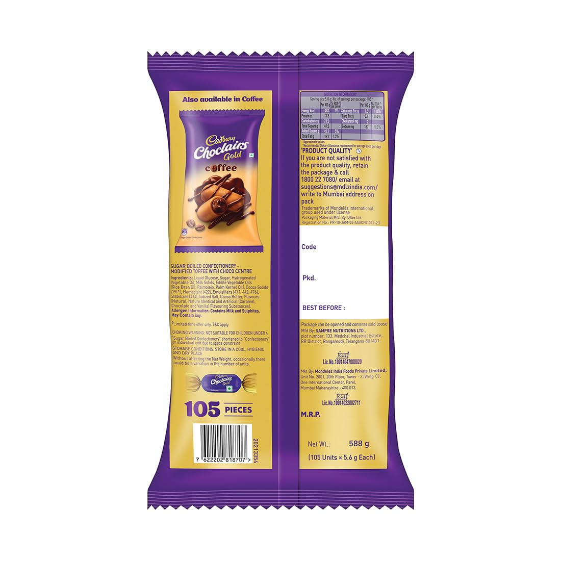 Cadbury Choclairs Gold Candy, 588 g (105 Candies)
