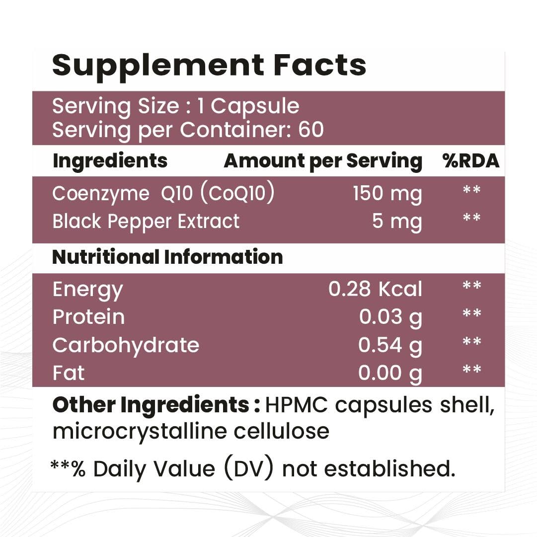 Raskam Coenzyme Q10 (CoQ10) 150mg Veg Capsules With Black Pepper Extract – 60 Veg Capsules