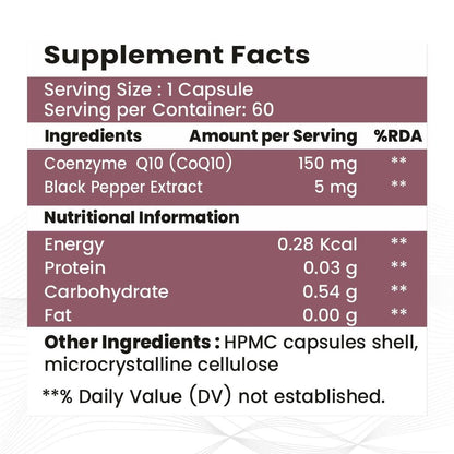 Raskam Coenzyme Q10 (CoQ10) 150mg Veg Capsules With Black Pepper Extract – 60 Veg Capsules