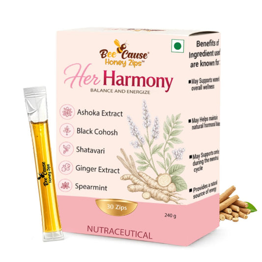 BeeCause HerHarmony Honey Zips for Women | Hormonal Balance Supplement Alternate with Shatavari, Ashoka, Ginger & Black Cohosh | Supports PCOS & Menstrual Wellness | Better Cycle, Ease Pain- 30 Sachets(240g)