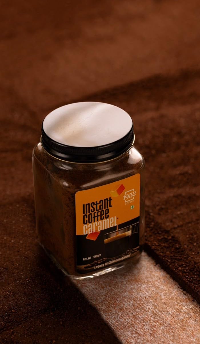 1952 Caramel Instant Coffee Powder | Premium Flavored Coffee | Rich & Creamy Taste | Easy to Brew Hot & Cold | Strong & Aromatic Instant Coffee | Makes 50 Cups 100 G, Jar