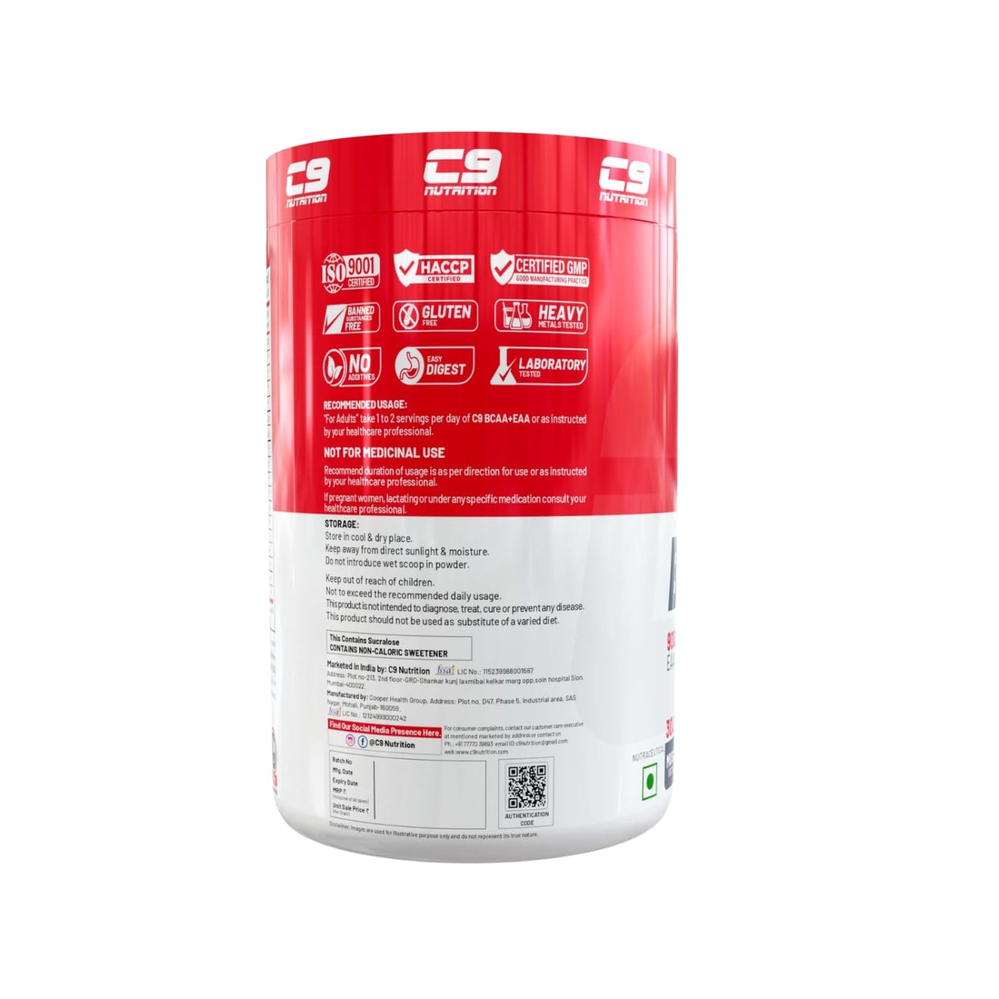 C9 NUTRITION BCAA + EAA Powder- Sugar Free Workout Muscle Recovery & Endurance Drink with 5000mg BCAA, 9000mg EAA, 500 mg L-Arginine | Amino Acid Supplements (30 Servings, Watermelon Flavour)