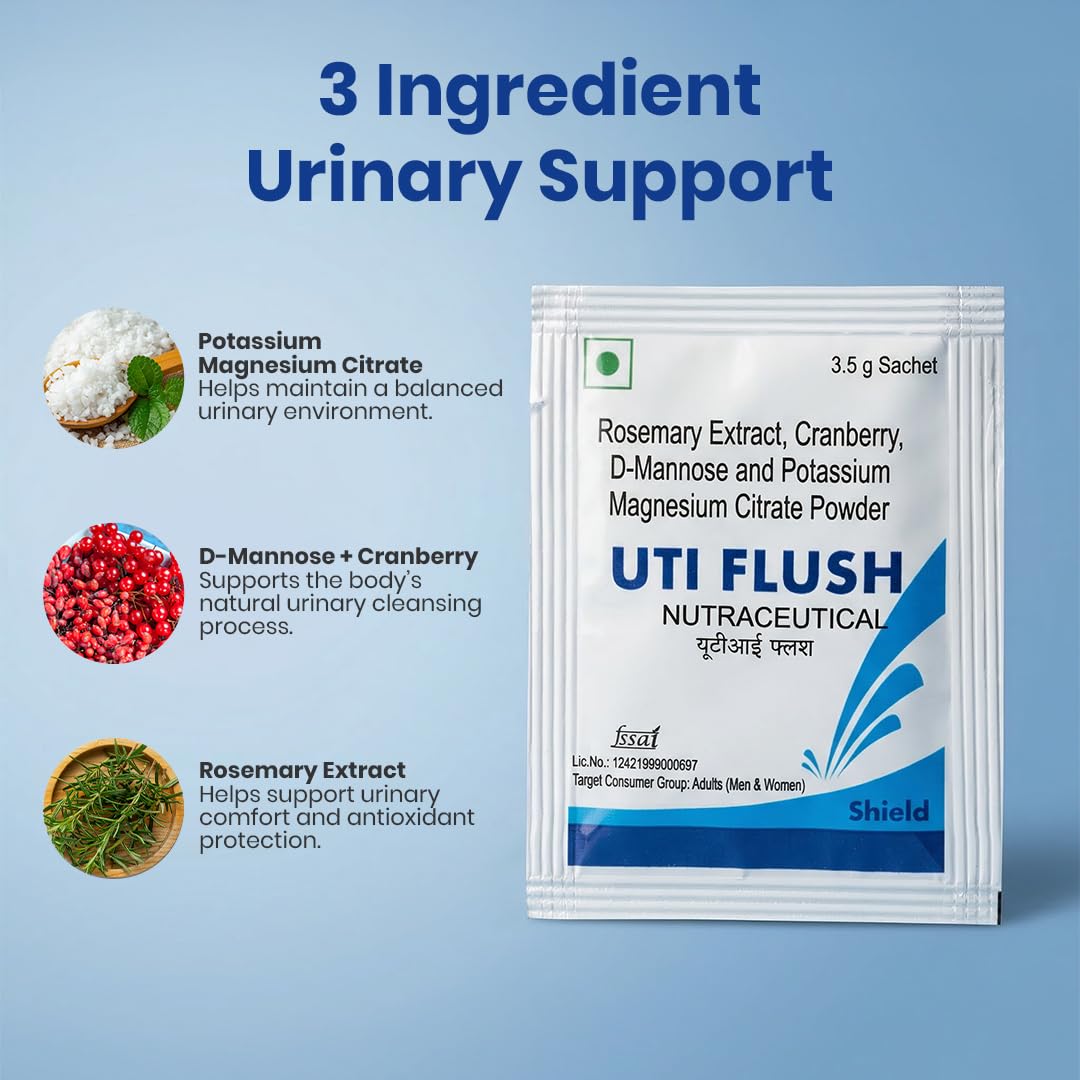 UTI FLUSH Urinary Tract Wellness Supplement | D-Mannose, Cranberry & Rosemary Extract | Potassium Magnesium Citrate for Urinary Comfort & pH Balance | Effervescent Drink Mix | Pack 1 - 7 × 3.5 g Sachets