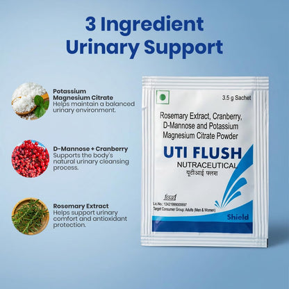 UTI FLUSH Urinary Tract Wellness Supplement | D-Mannose, Cranberry & Rosemary Extract | Potassium Magnesium Citrate for Urinary Comfort & pH Balance | Effervescent Drink Mix | Pack 1 - 7 × 3.5 g Sachets