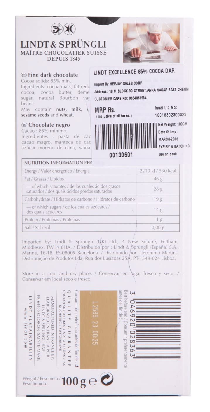 Lindt Excellence Dark 85% Cocoa, 100 g
