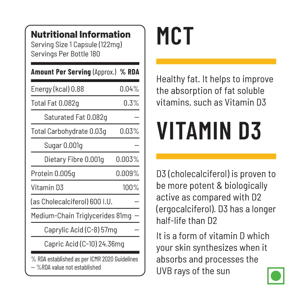 Unived Plant-Based Vegan Vitamin D3 from Lichen with Medium Chain Triglycerides (Capsule, 180 Servings)